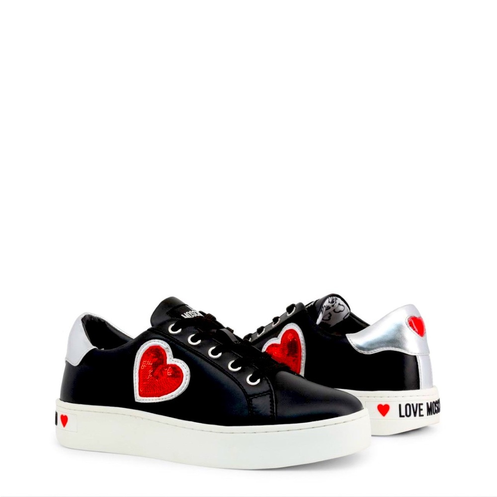 Love Moschino Black Sneakers red Heart Sequin Patch ties athletic street wear 39